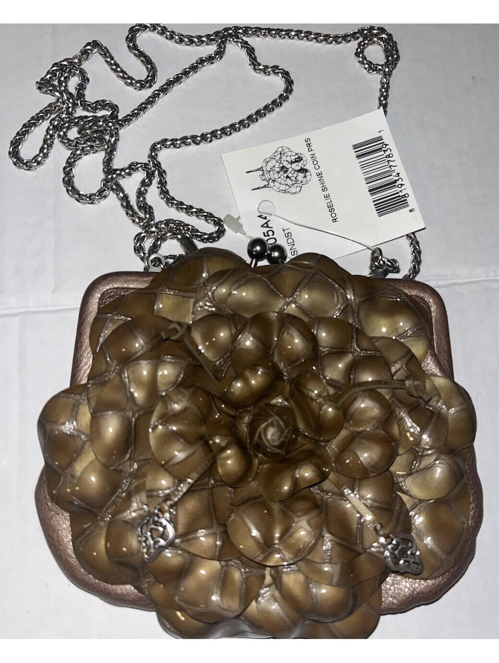 Brighton “Roselie”Metallic Pewter Leather Flower-small Purse-5”x6”-23”Strap